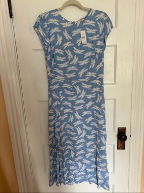 LOFT Blue Dragonfly-Print Cap-Sleeve Midi Dress. Size 6. New with Tag.